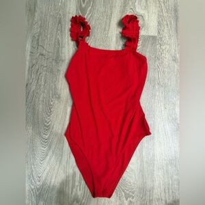 Kaileigh Red Ruffle Strap Bodysuit